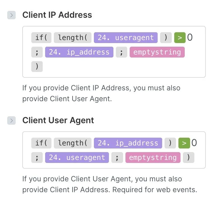Facebook Meta Conversions API Event using Make.com. Example formatting of client IP address and client user agent using a logic that will pass both or neither one to the API.
