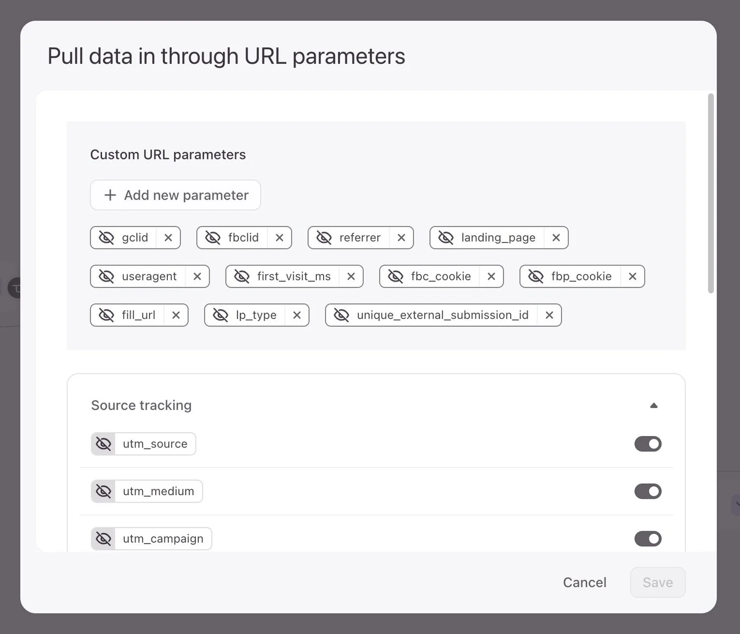 Screenshot of Typeform settings -  Facebook, Meta, Conversions, API, Hidden Fields, URL Parameters, Facebook Click ID, User Agent, IP Address, Facebook Cookies.