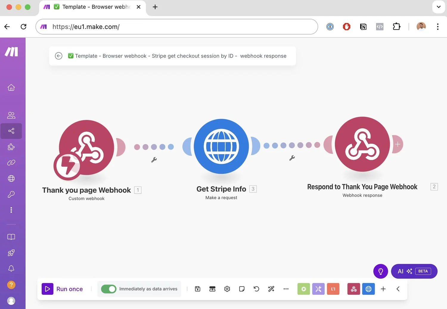 Stripe Payment Link Advanced Conversion Tracking. Screenshot of Make.com, Webhook, Stripe API connector.