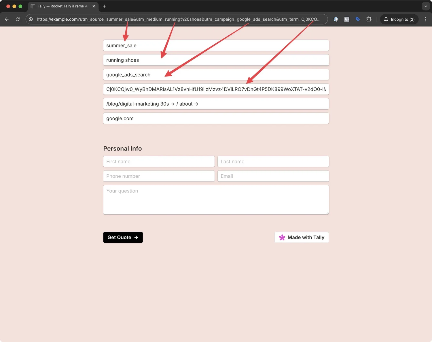 Tally forms advanced conversion tracking method passing UTM URL parameters into hidden fields for conversions API tracking.