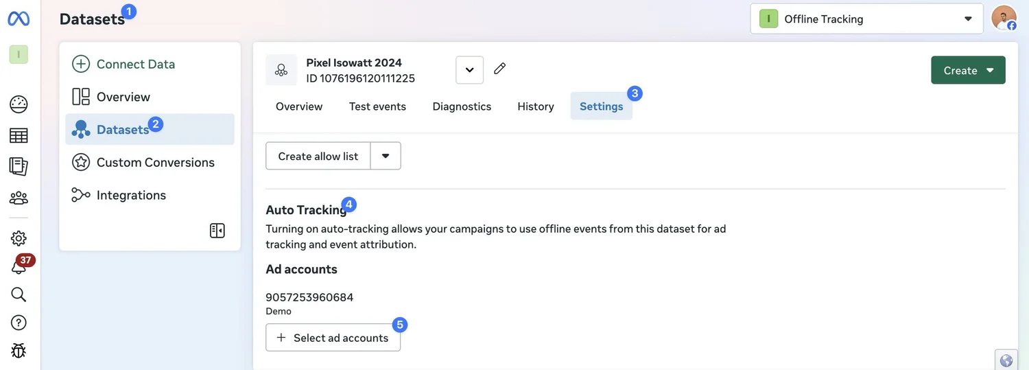 Facebook Meta Business Manager: Connect Data, datasets and settings, enabling auto-tracking to allow your ad campaigns to use offline events from the dataset event attribution.