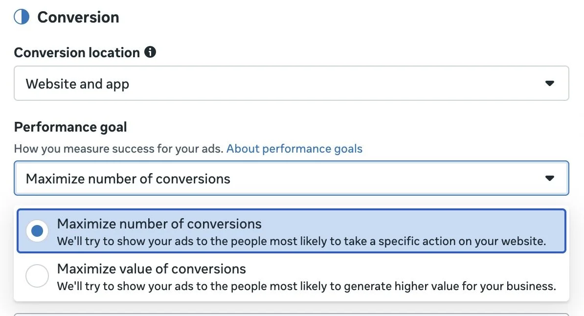 Facebook offline conversions maximize number of conversions performance goal — only available with the purchase goal
