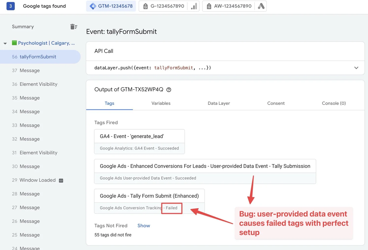 Screenshot: Google Tag Manager Tally Forms Google Ads Offline Conversion Tracking with Enhanced Conversions for Leads methd Tag Failed Bug 2025