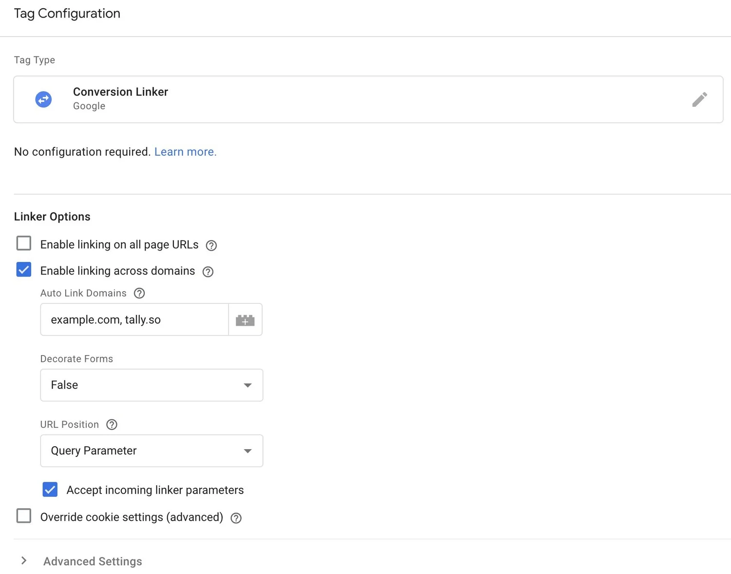 Tally forms conversion tracking screenshot. Google Tag Manager conversion linker tag with a cross domain funnel linking multiple domains