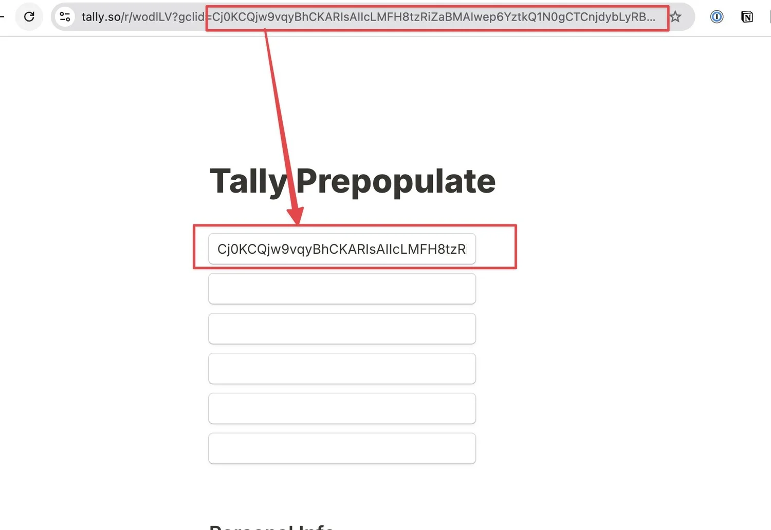 screenshot Tally forms conversion trackin - passing Google Ads click gclid identifier into a hidden field in Tally from a URL parameter