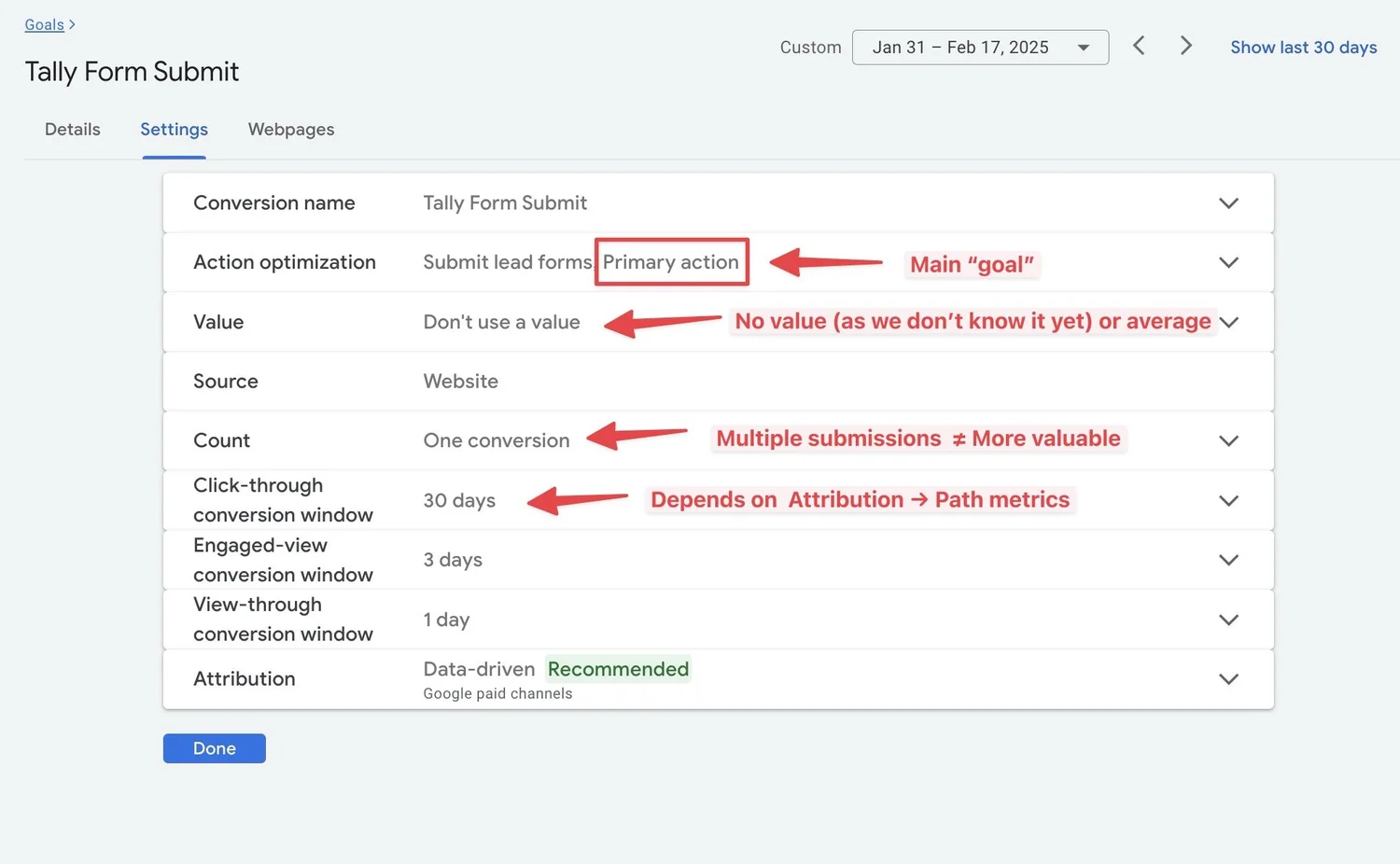 screenshot of Tally forms Google Ads conversion action settings including primary action, conversion value, conversion count, conversion click-through window