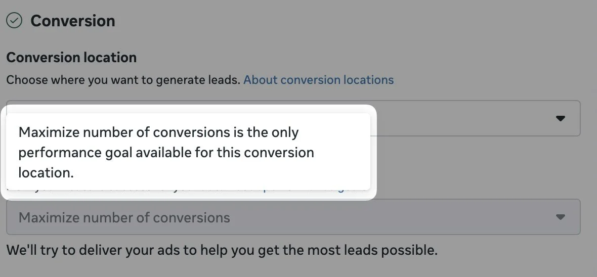 Meta, Facebook, Offline conversions. Maximize number of conversions is the only option for leads campaigns