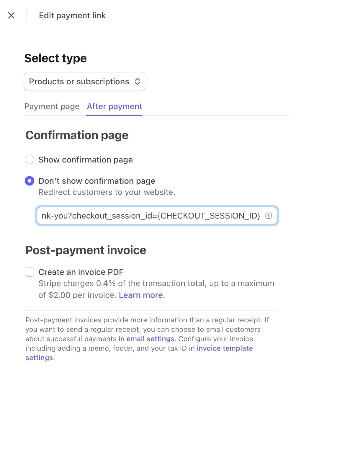 Stripe payment link conversion tracking screenshot confirmation page redirect with URL parameters.