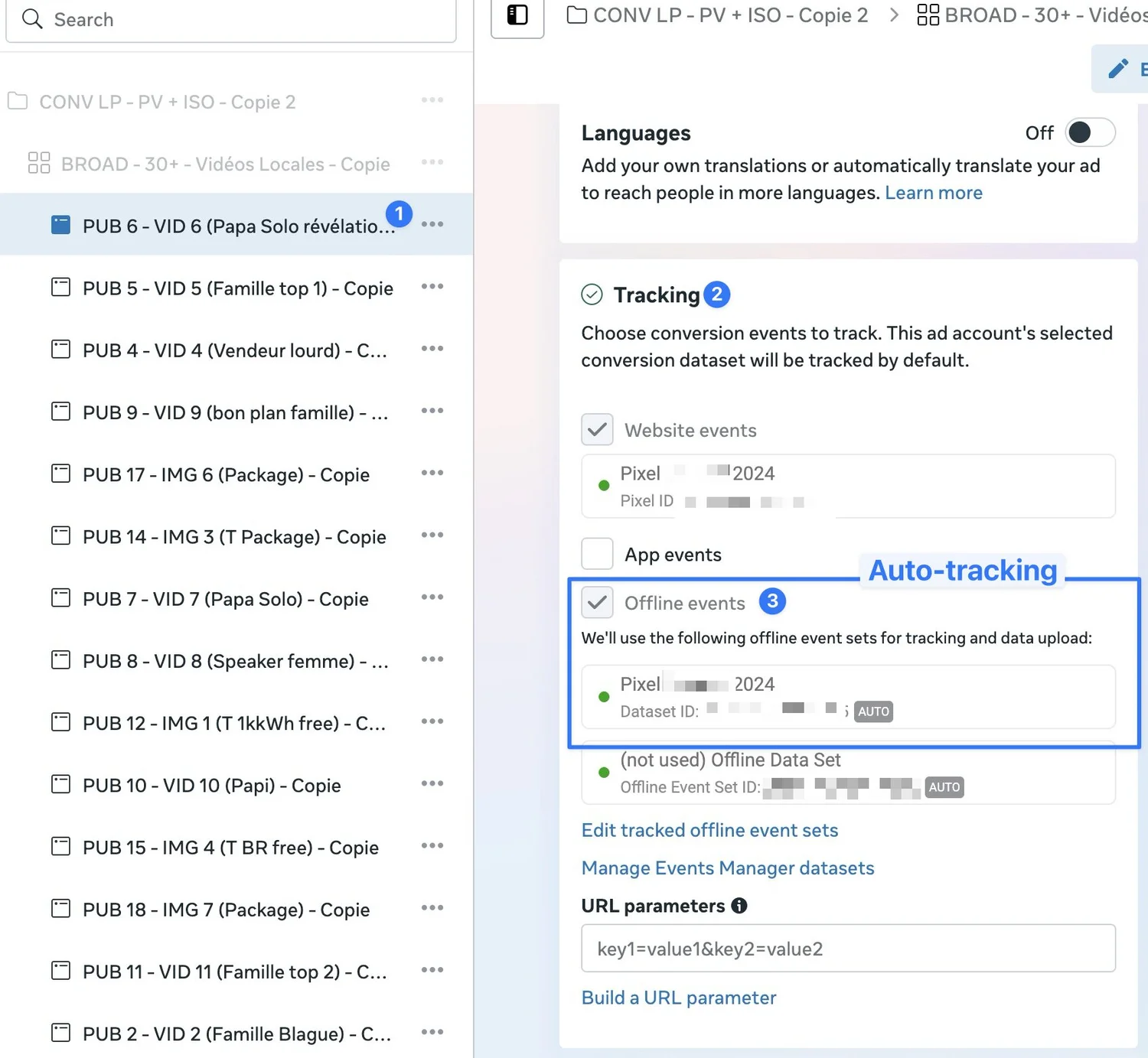 Facebook, Offline conversions, checking if offline events and auto tracking is connected to ad campaigns