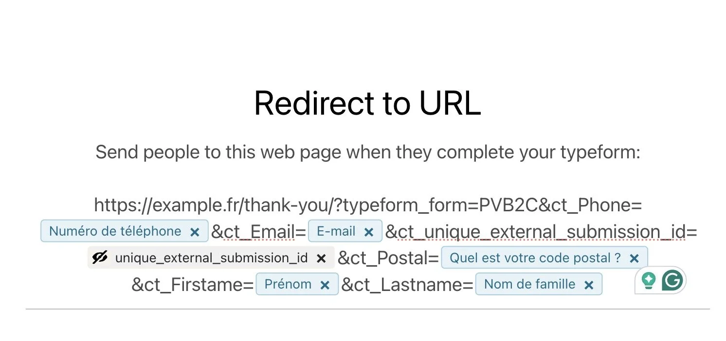 Typeform: Redirect to a custom thank you page conversion tracking URL.
